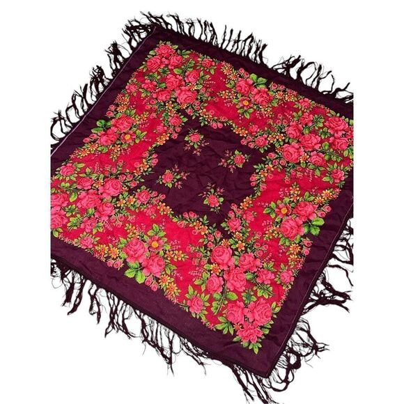 VINTAGE RARE SCARF VINTAGE AUTHENTIC FLORAL ART ROSES burgundy, GREEN approximat - Picture 5 of 6